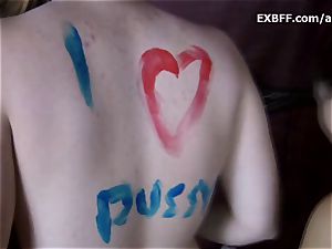 Collared hairy first-timer gets assets painted by girlfriend